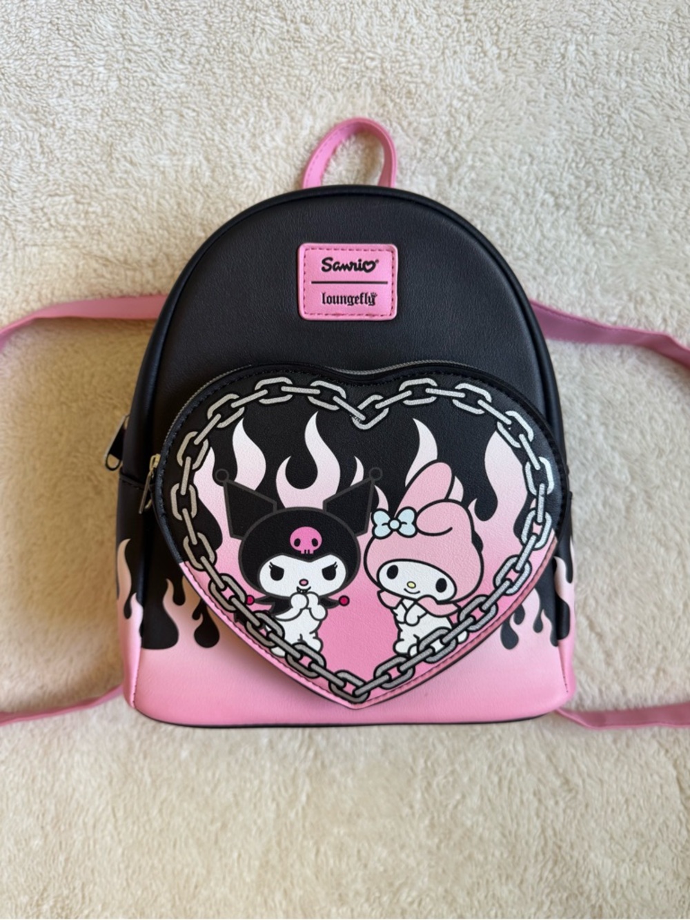 Loungefly X Sanrio Pink & Black My Melody x Kuromi heart flames Backpack